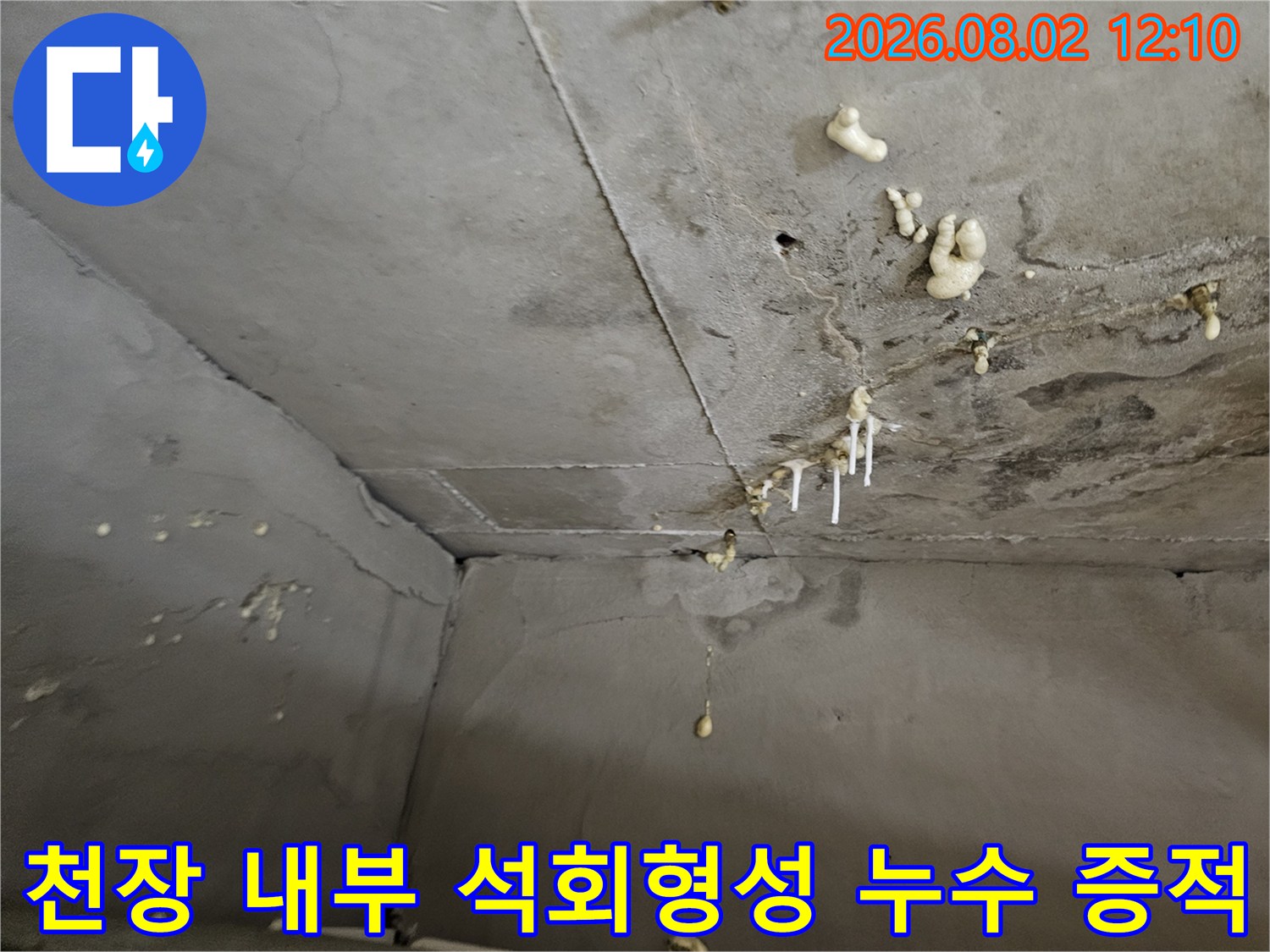 상층 배관에서 새어 나온 물이 콘크리트와 반응하여 생성한 돌출된 석회체들