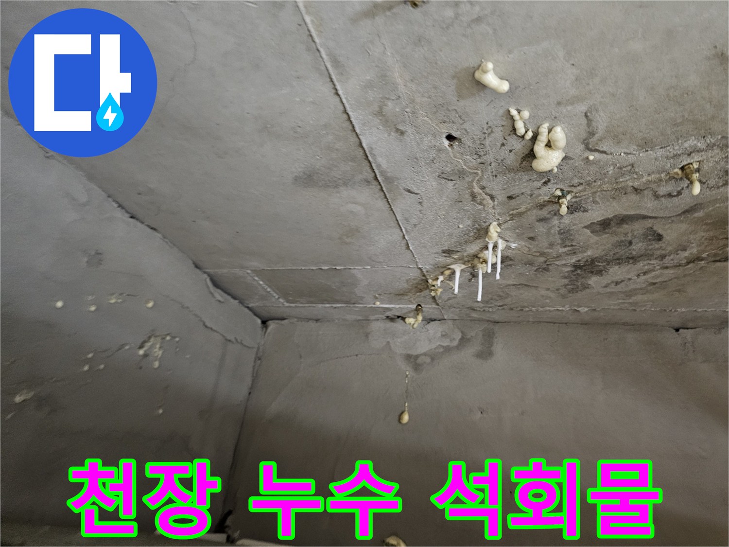 천장 콘크리트 부위-석회 고드름이 형성된 모습