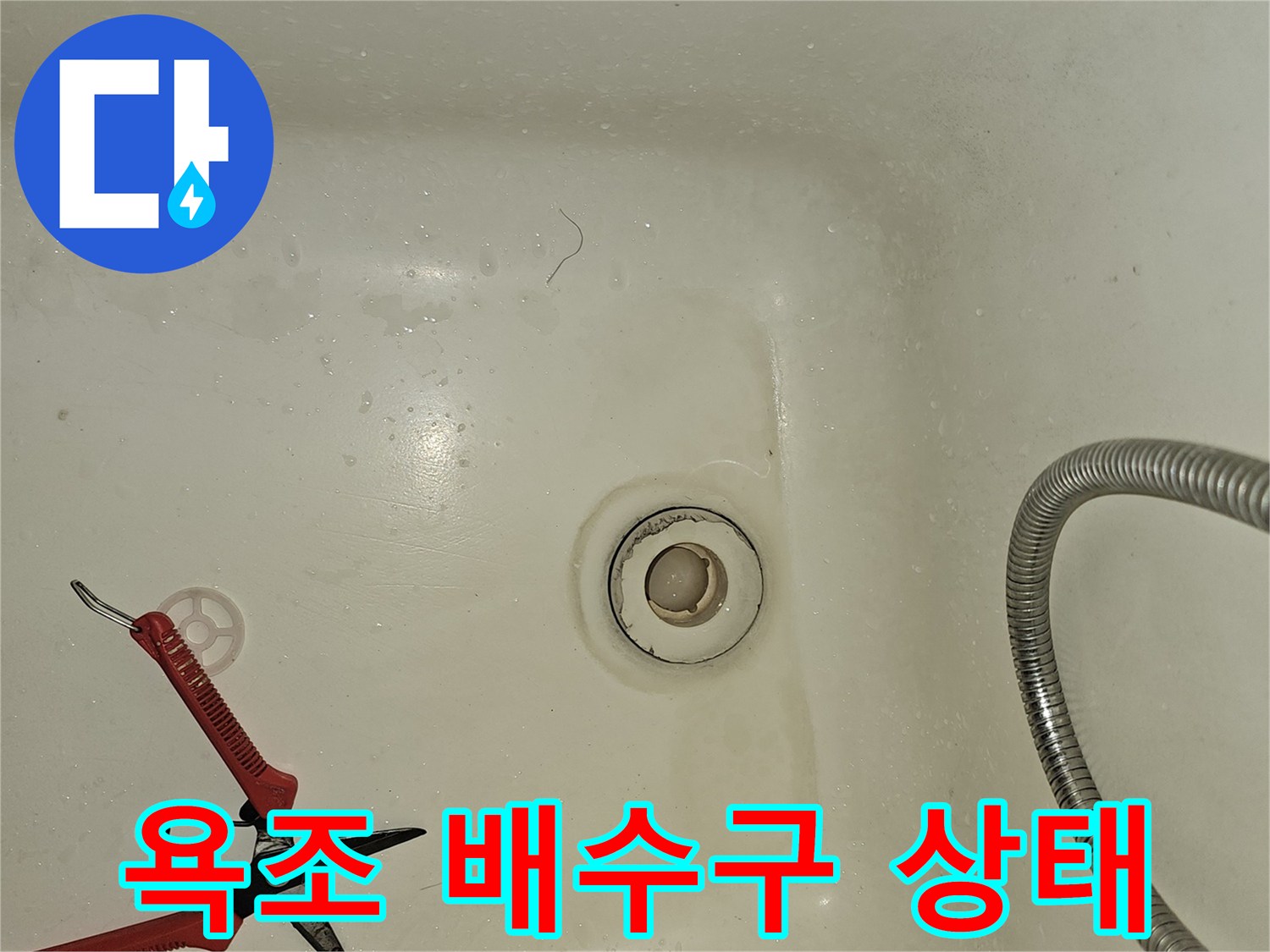하얀색 욕조 내부의 배수구와 샤워기 호스 모습