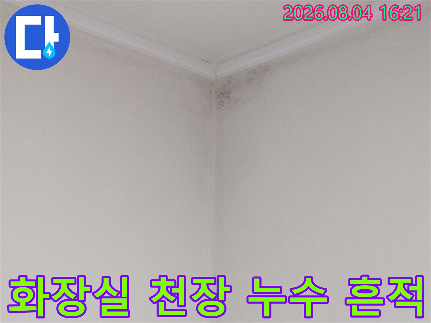 화장실 천장 모서리 부분에 발생한 물자국과 얼룩