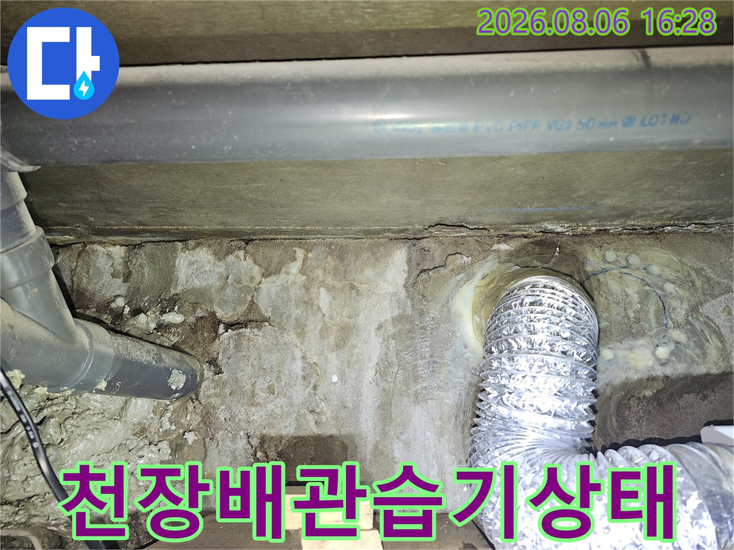천장 배관 주변의 젖은 콘크리트 벽면과 오염된 부위 상세 사진