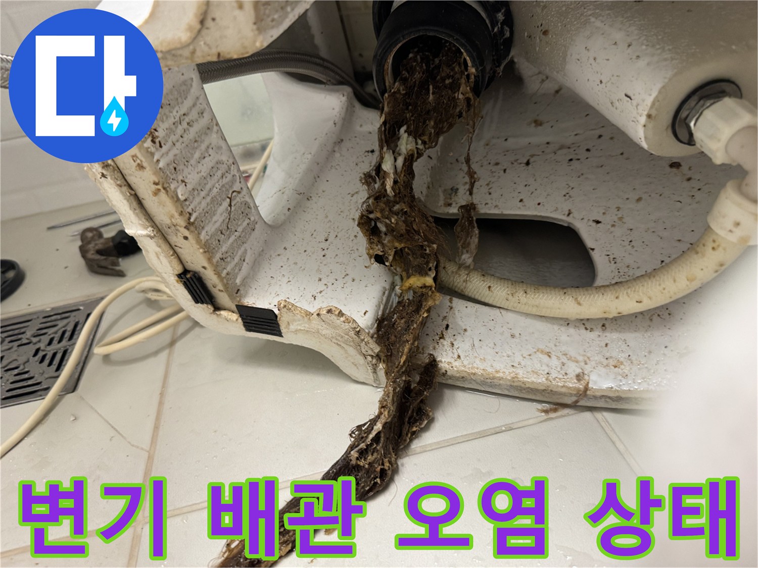오수관 입구에 뭉쳐져 있는 검은색 이물질과 오물
