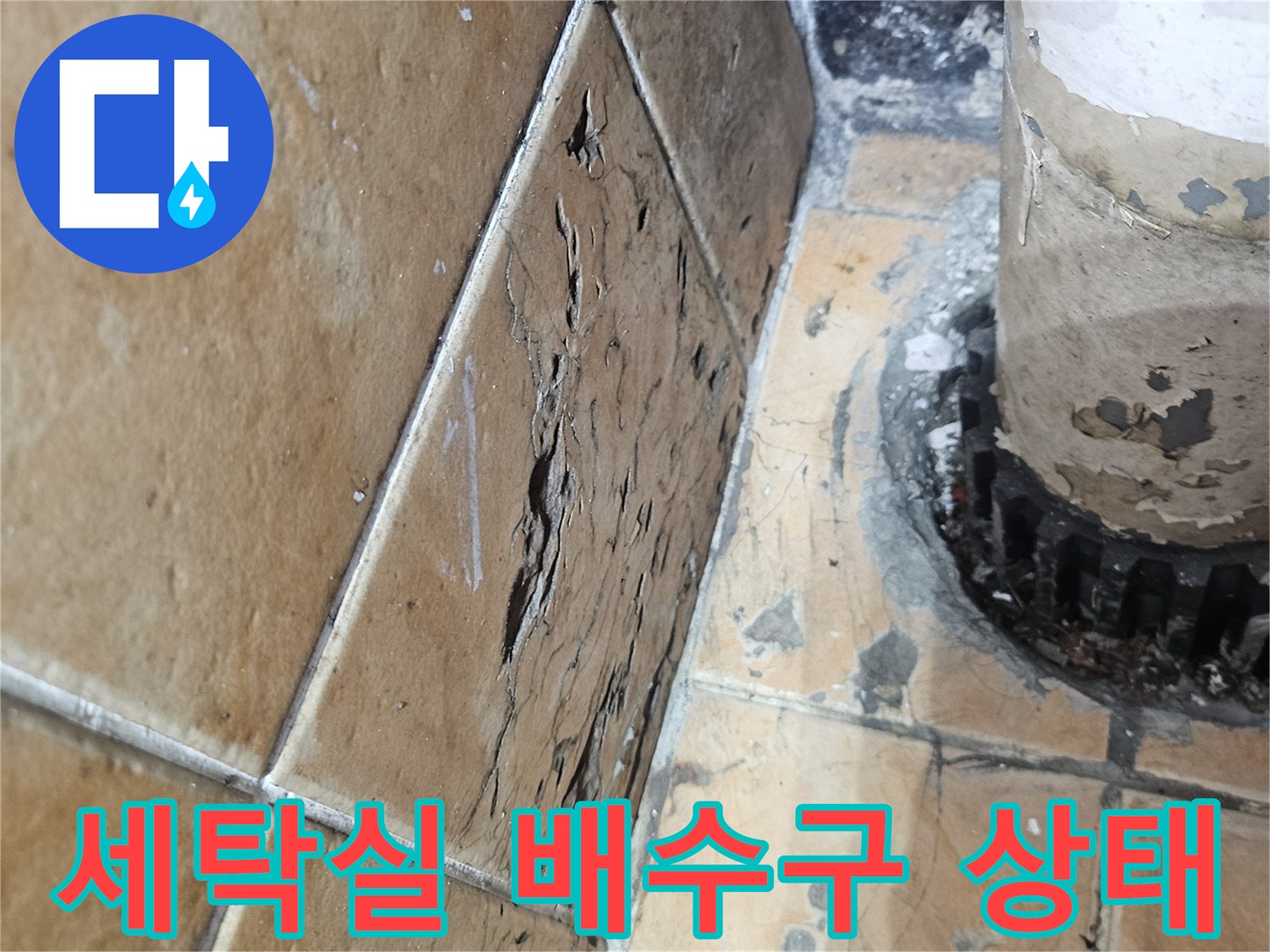 성북구 돈암동 아파트-세탁실 배수구 주변 타일과 배관 연결 부위 모습