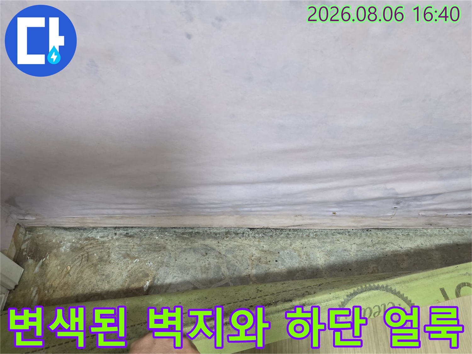 광진구 구의동 현장-벽지가 변색되고 곰팡이가 발생한 모습입니다.