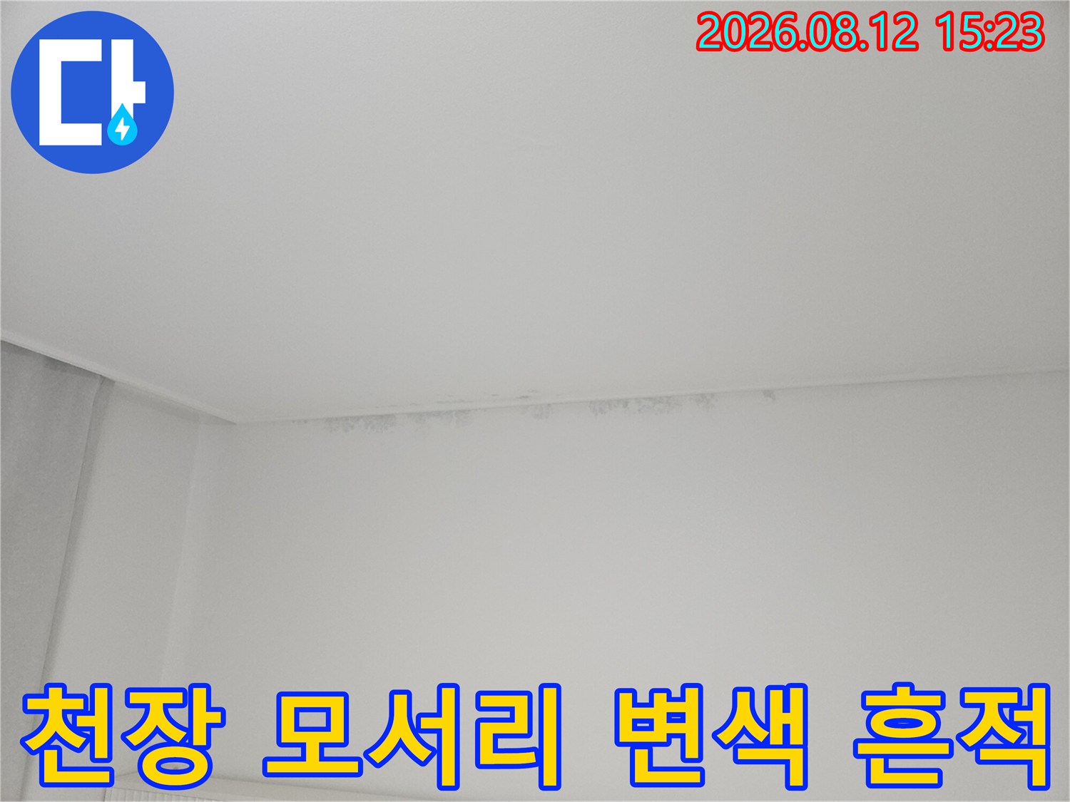 흰색-벽지와-천장-경계면에-생긴-어두운-누수-곰팡이-얼룩-사진