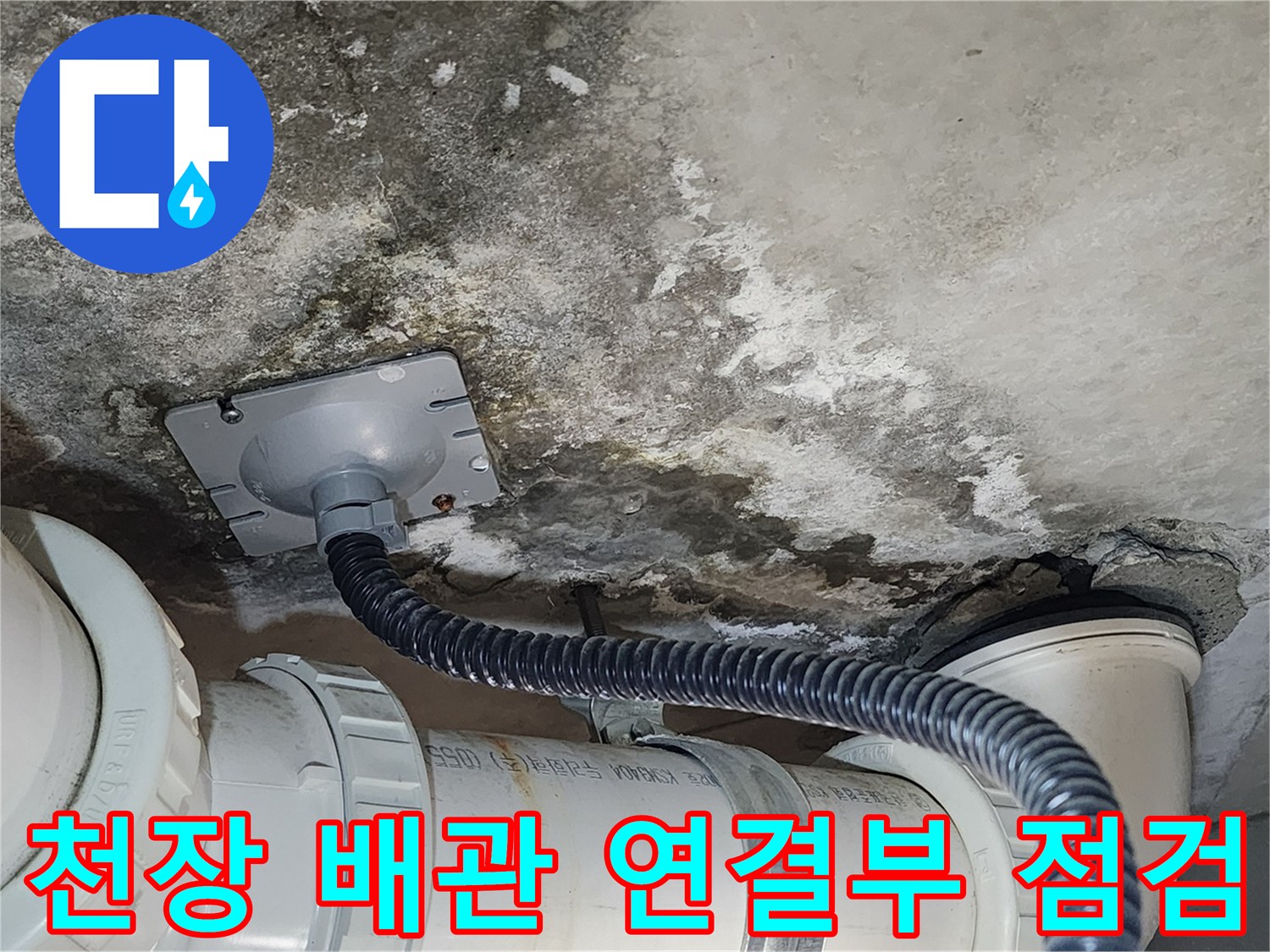 누수로-오염된-천장-슬라브와-배수관-연결부