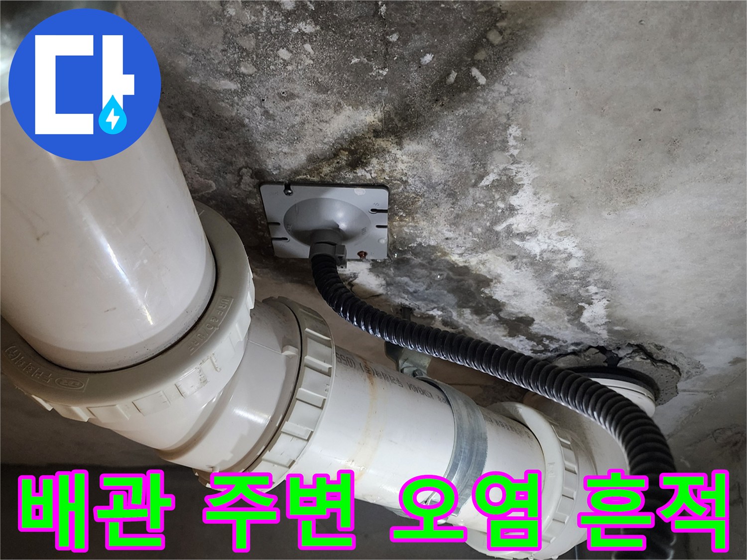 물샘 증상이 나타난 천장 배관 부위 상세 사진