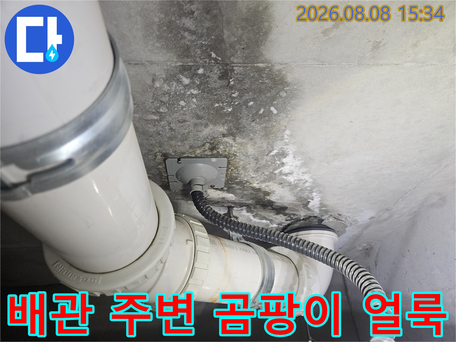 배관 연결 부위 근처-습기로 인해 발생한 곰팡이와 오염 흔적