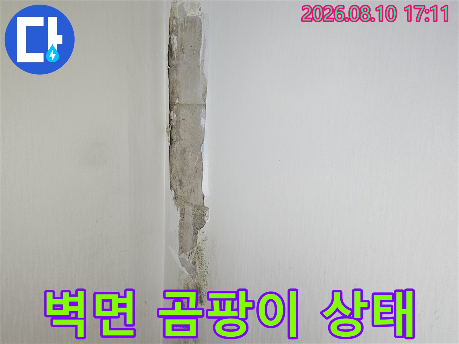 누수로 인해 오염된 천장 경계면의 모습