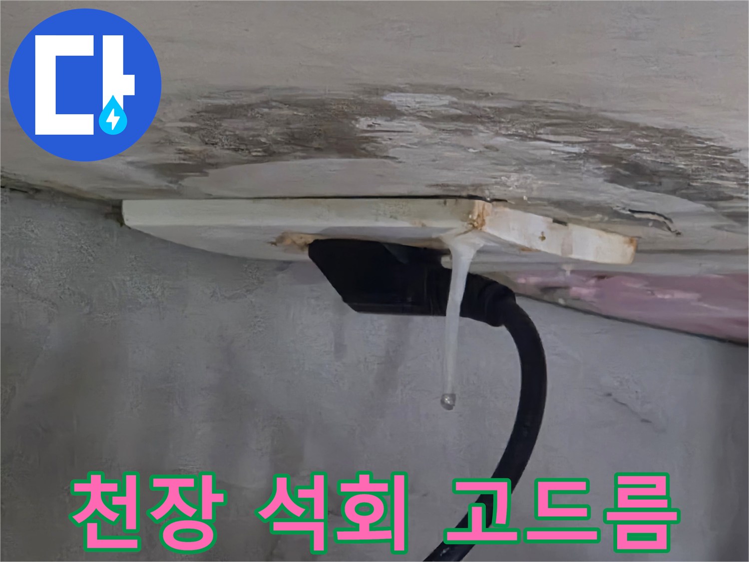 아래층 천장 부근에 하얀색 석회 성분이 맺혀 흘러내리는 모습