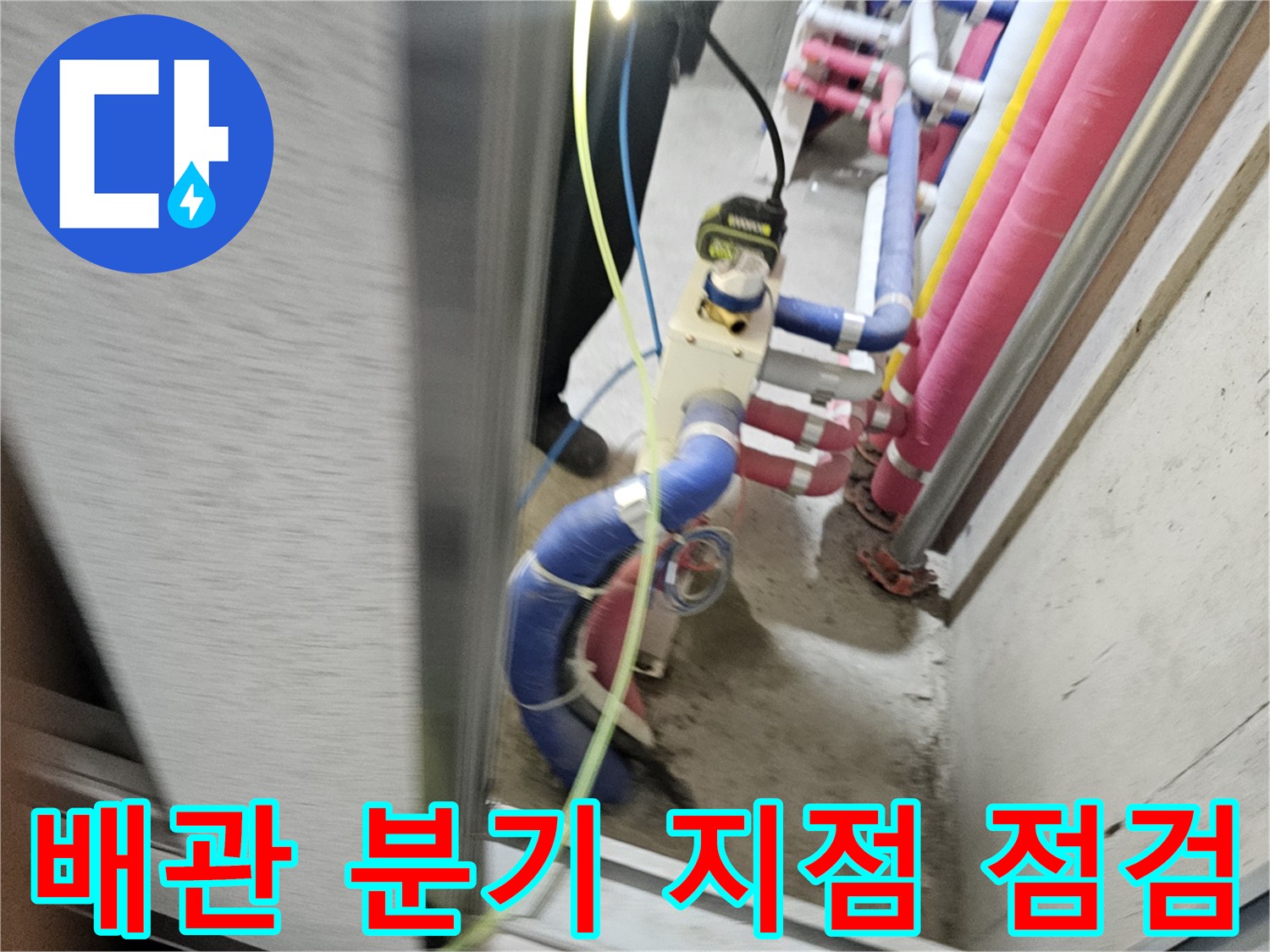 파란색 굵은 배관과 작은 연결관들의 접합 상태를 관찰하는 중