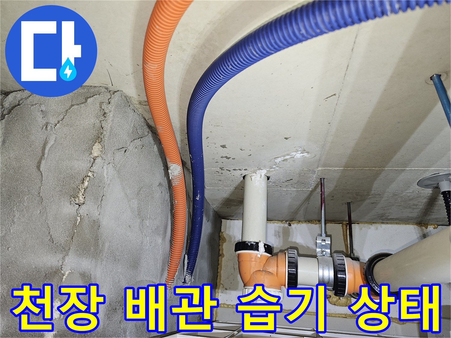 분당 백현동 아파트 천장 내부의 오렌지색 및 파란색 전선관 주변 습기 현상