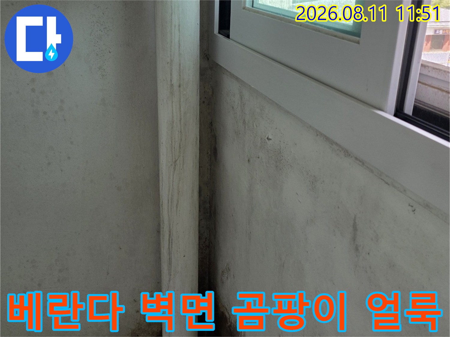 베란다 벽면과 천장 경계에 나타난 심한 곰팡이와 습기 흔적