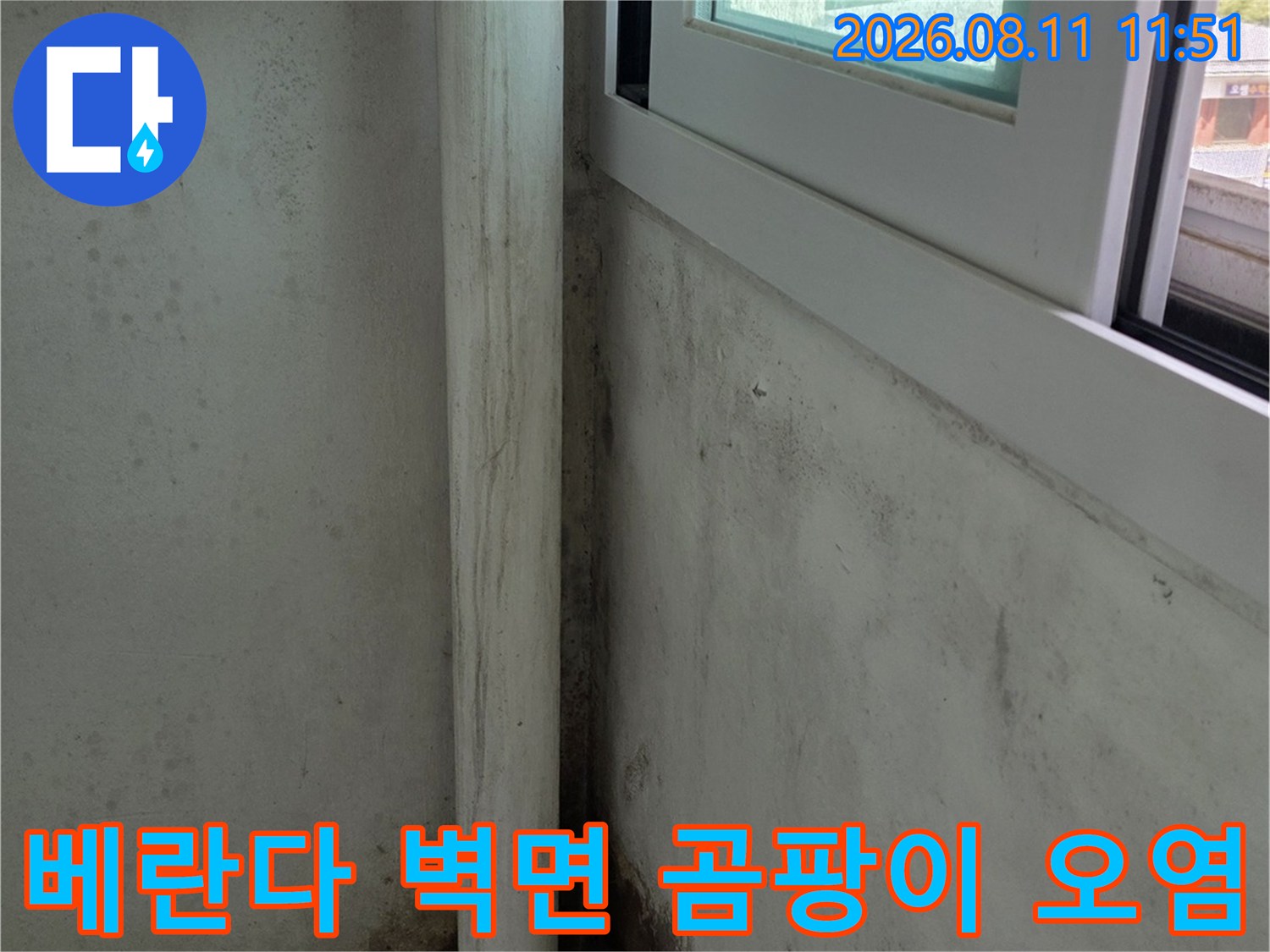 베란다 천장과 창문 사이 벽면에 발생한 곰팡이와 변색 부위