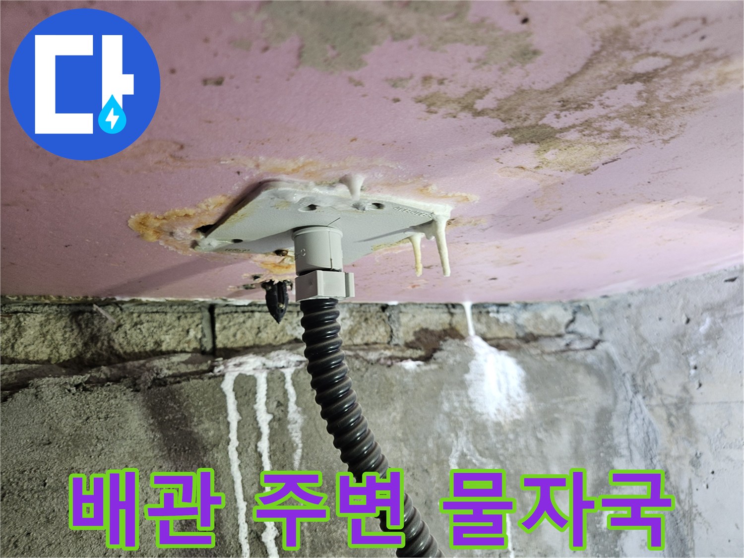 양주 옥정동-누수로 인한 천장 마감재의 석회 침전 및 변색 상태