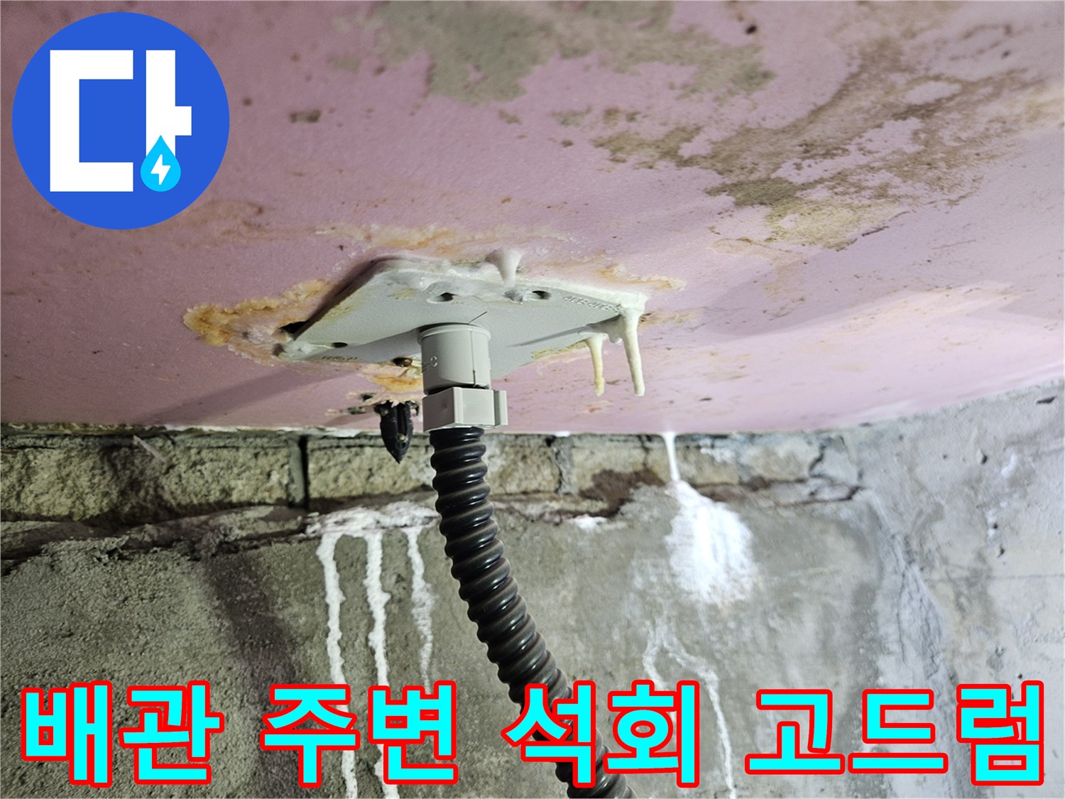 천장 배관 주위에 하얗게 맺힌 석회물과 젖어 있는 콘크리트 면