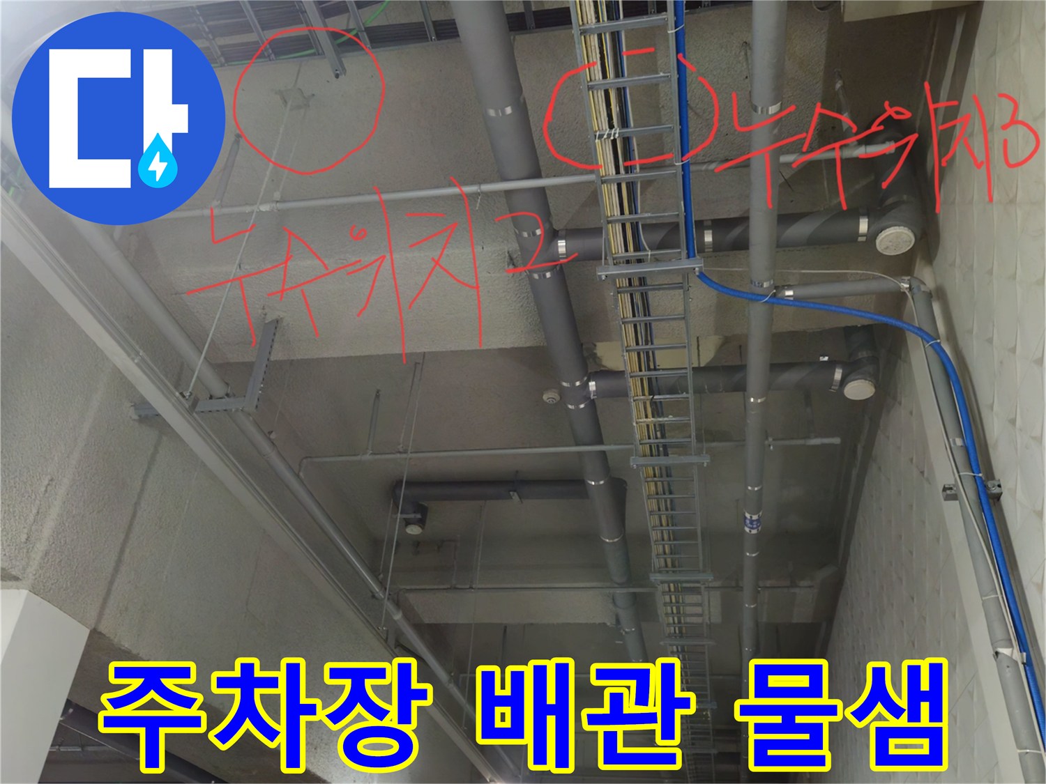 과천 별양동 지하 주차장 천장 배수관 누수 지점 표시
