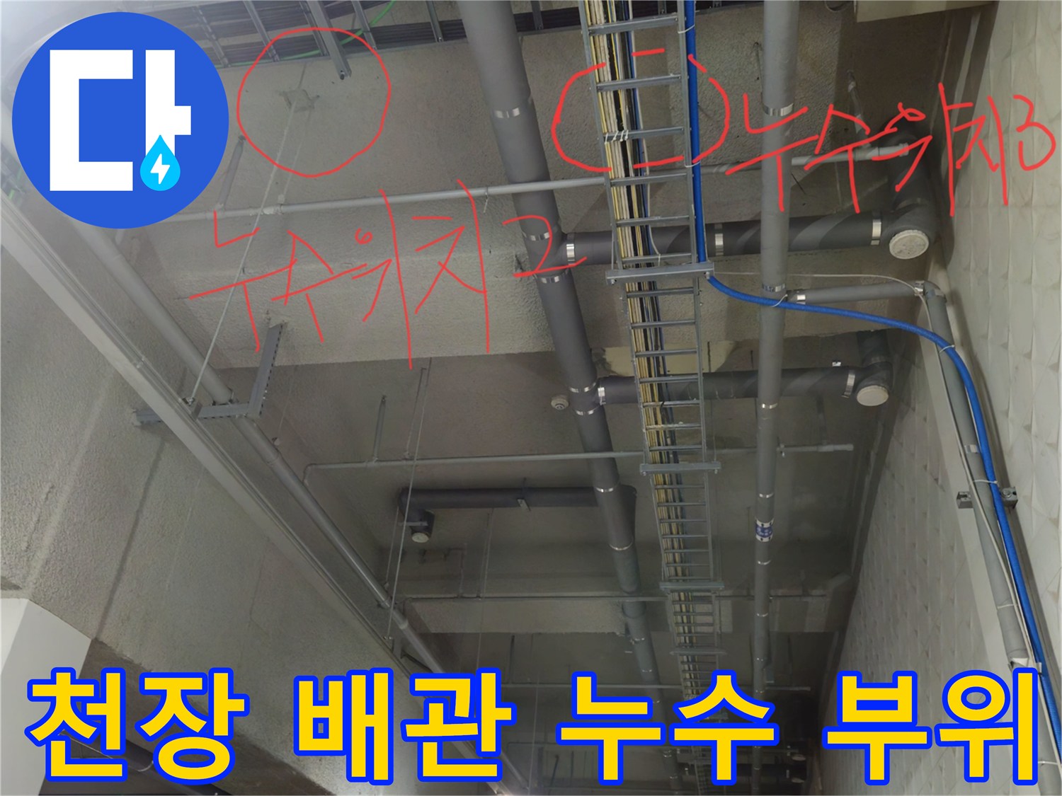 상가 지하 주차장 천장 - 배수관의 누수 지점 표시