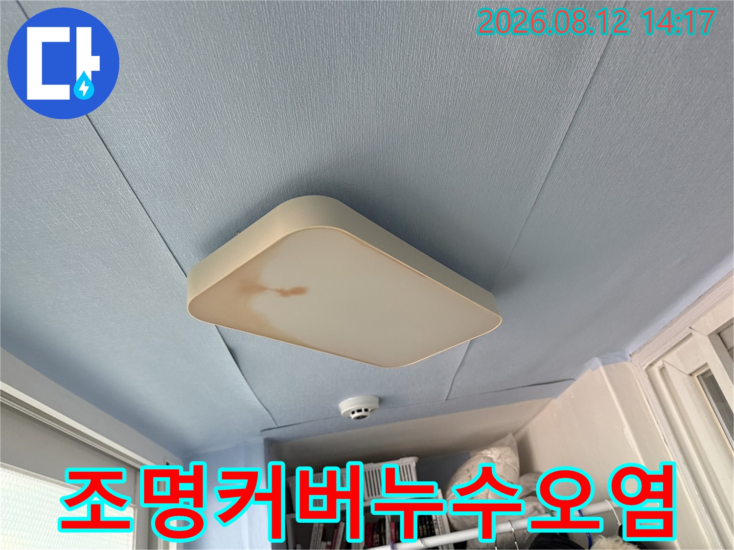 베란다 천장 전등 커버 가장자리에 발생한 진한 갈색의 누수 자국