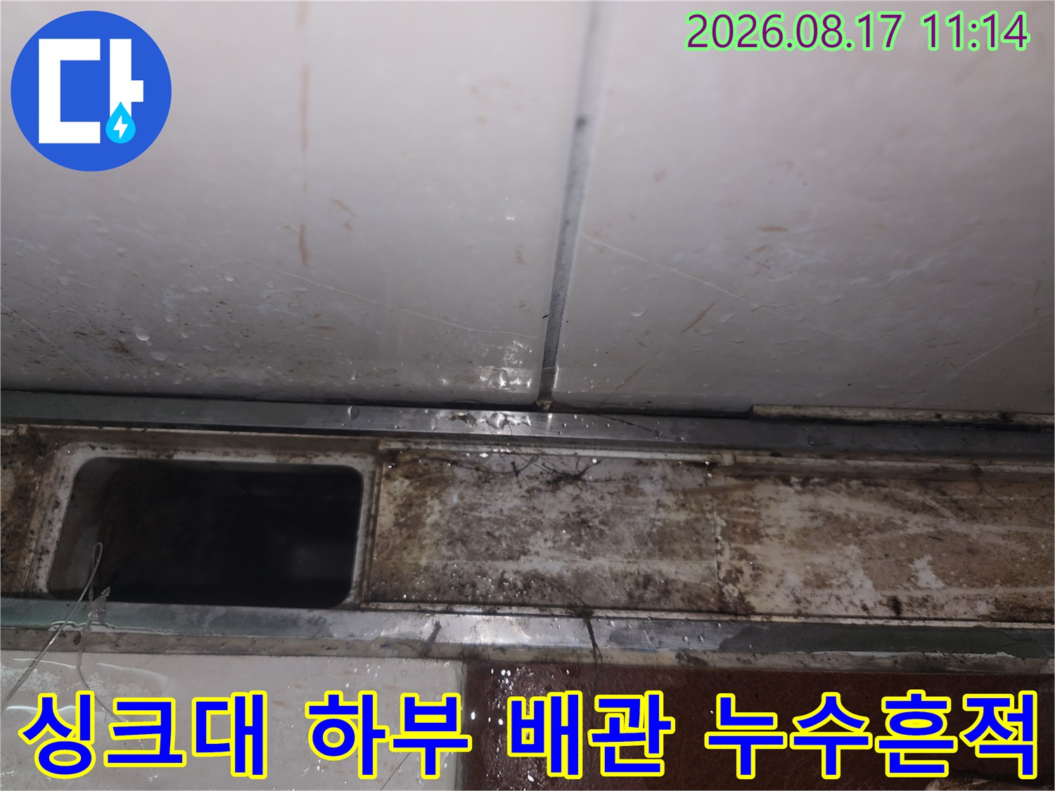싱크대 아래쪽 배관 연결 부위의 물기 및 오염된 마감재