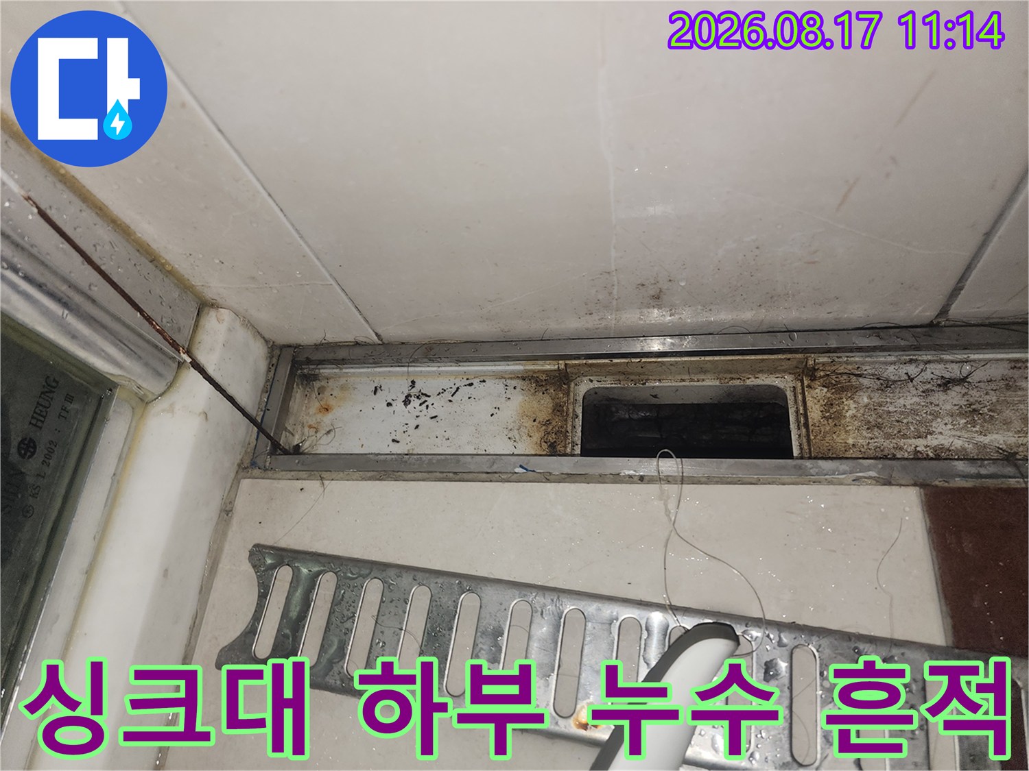 영등ভাবে도동 아파트 싱크대 하부 배관 주변의 곰팡이와 오염 상태를 보여주는 사진입니다.