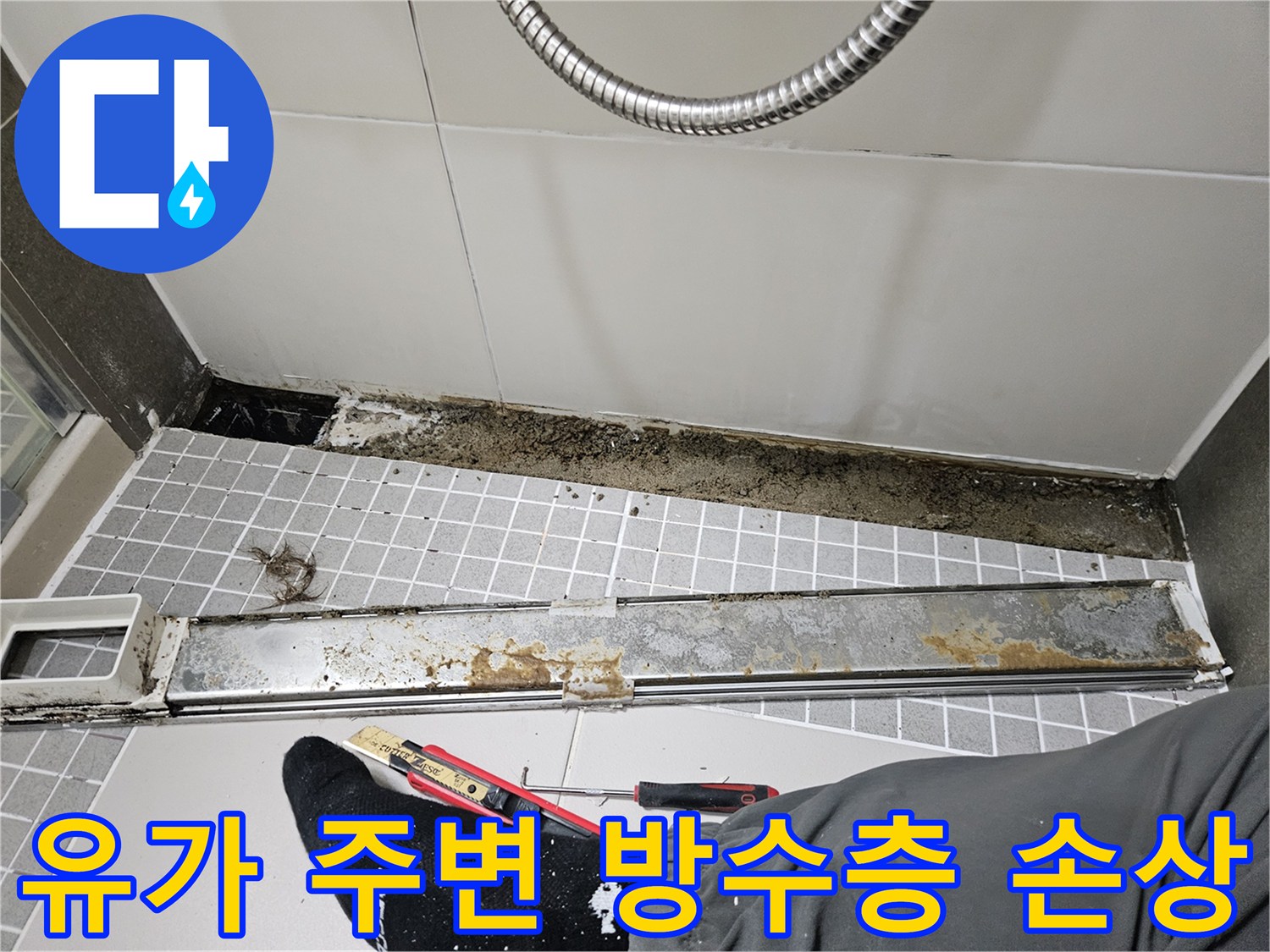 배수구 유가 하단부의 젖은 타일과 오염된 이물질