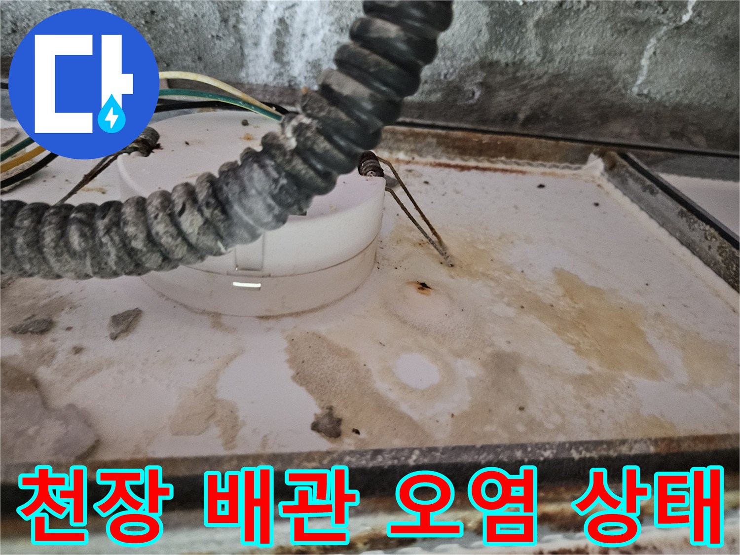양주 옥정동 현장-물샘으로 인해 변색된 천장 마감재와 배관