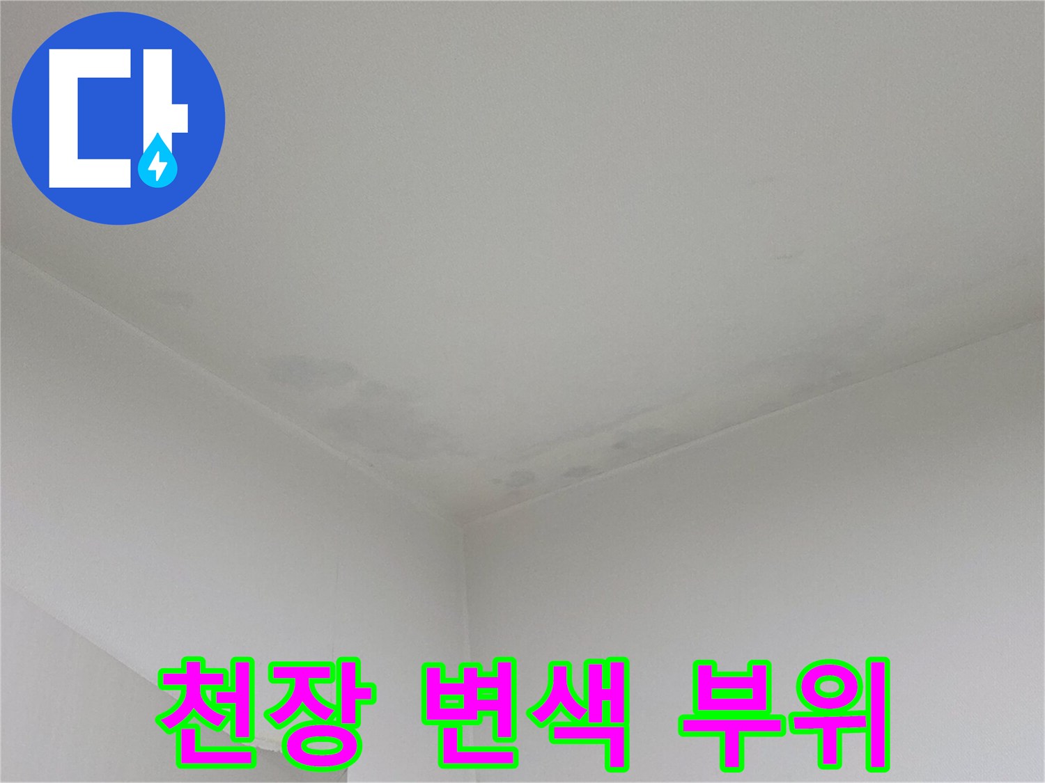 물샘으로 인해 어둡게 얼룩진 천장 구석