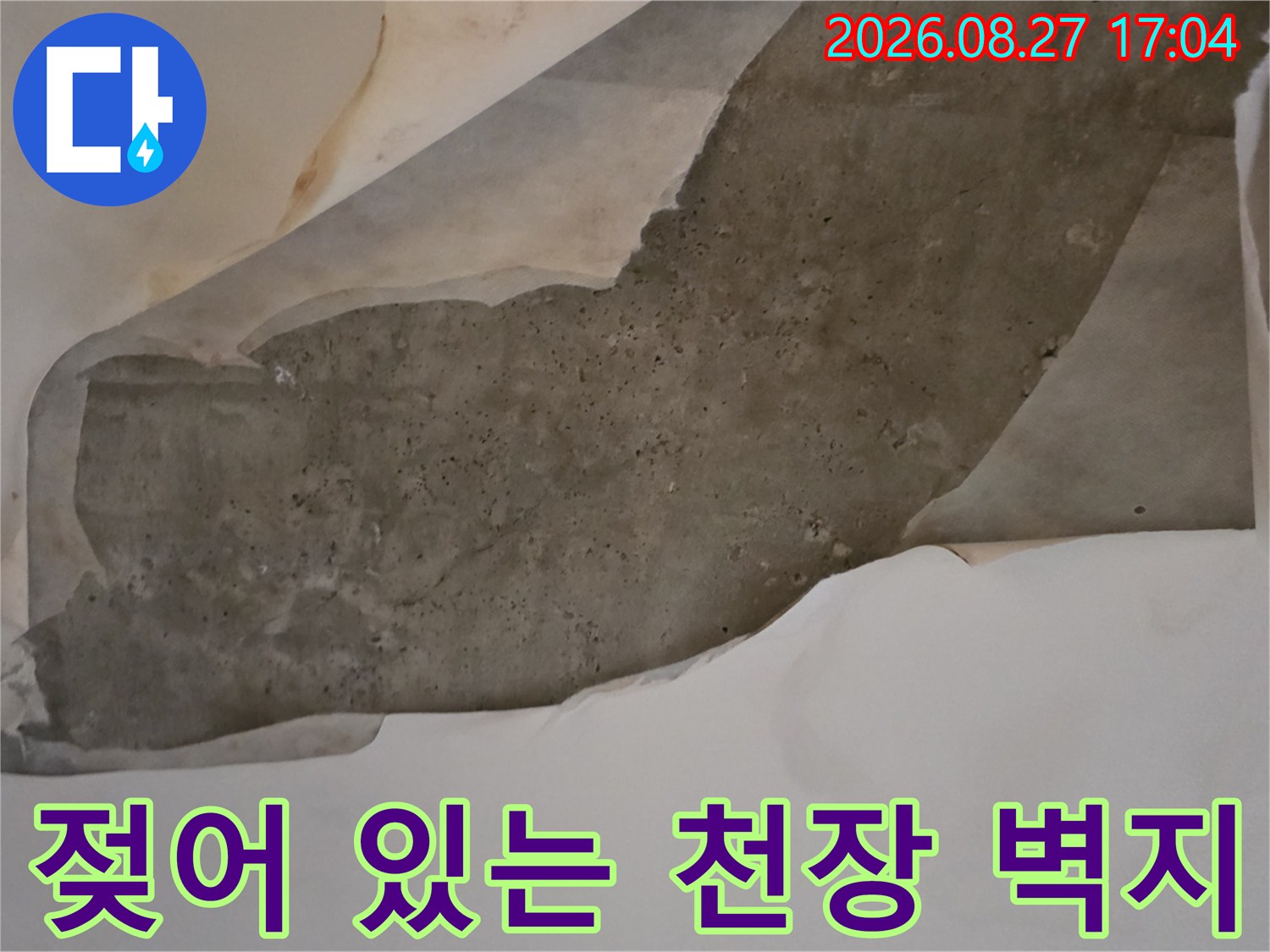 심하게 젖어 떨어져 나가는 천장 도배지의 모습-다산동 누수 현장