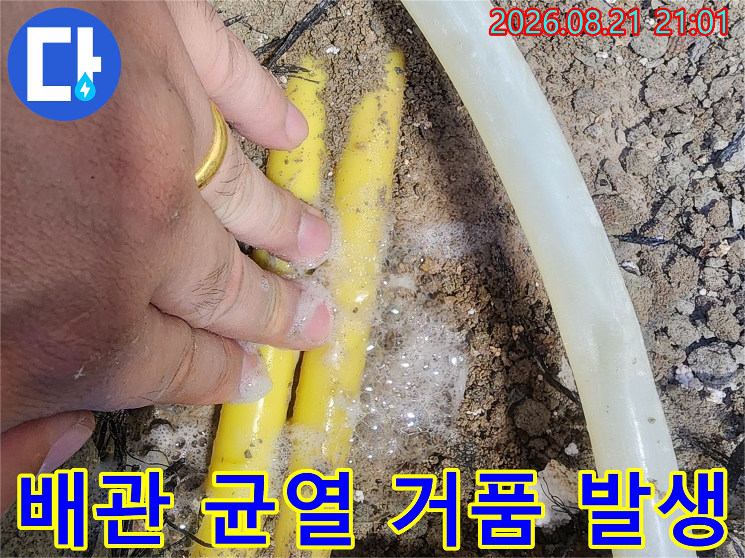 하얀 거품이 맺힌 노란색 배관 - 누수 부위 식별 완료