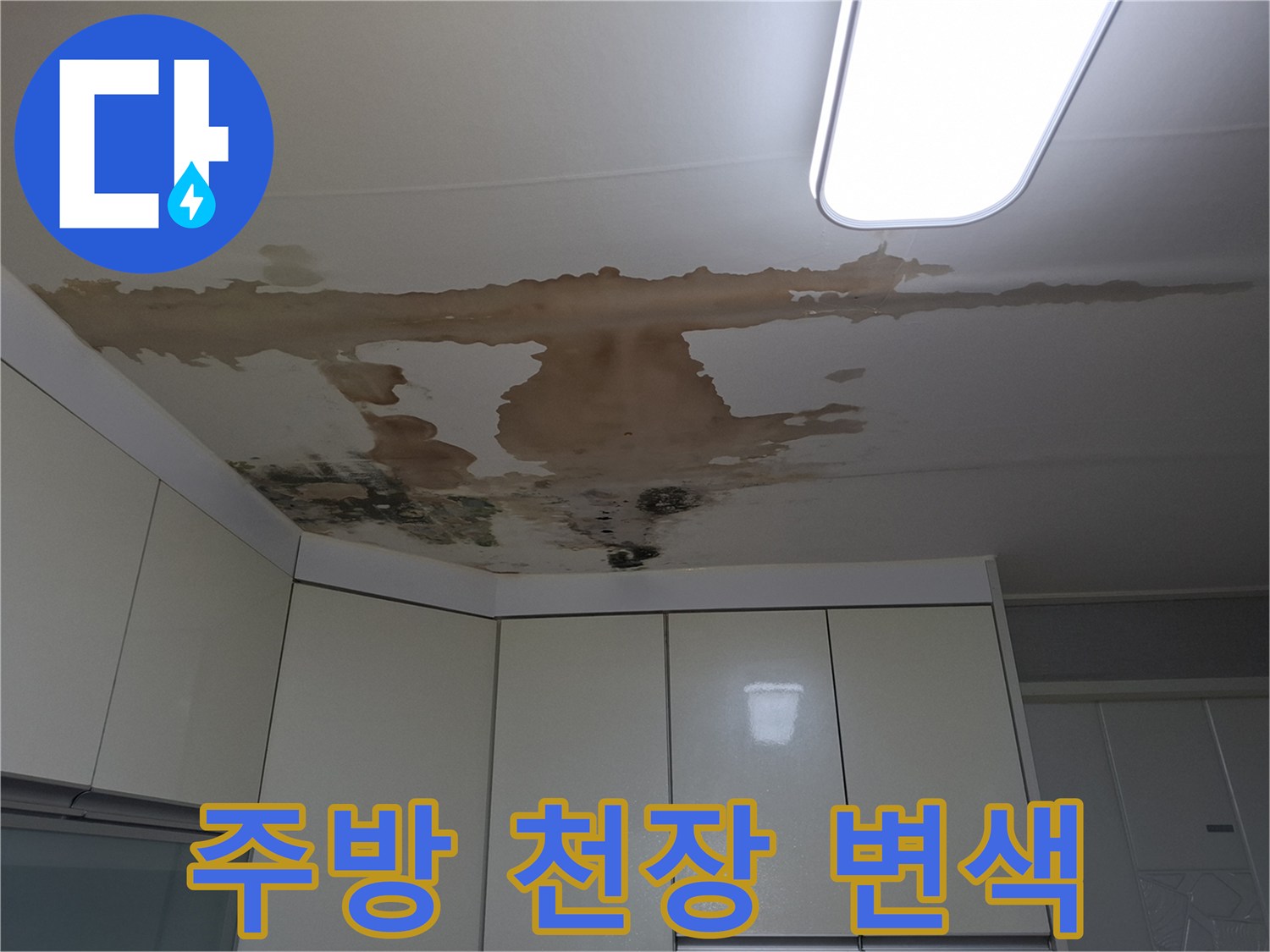 여주시 현암동 주방 천장의 누수로 인한 노란 변색과 곰팡이 상태