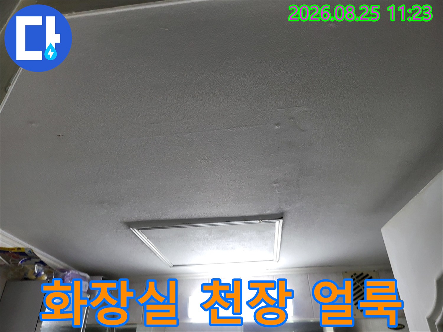 고양시 중산동 화장실 천장에 발생한 누수 흔적과 얼룩 부위