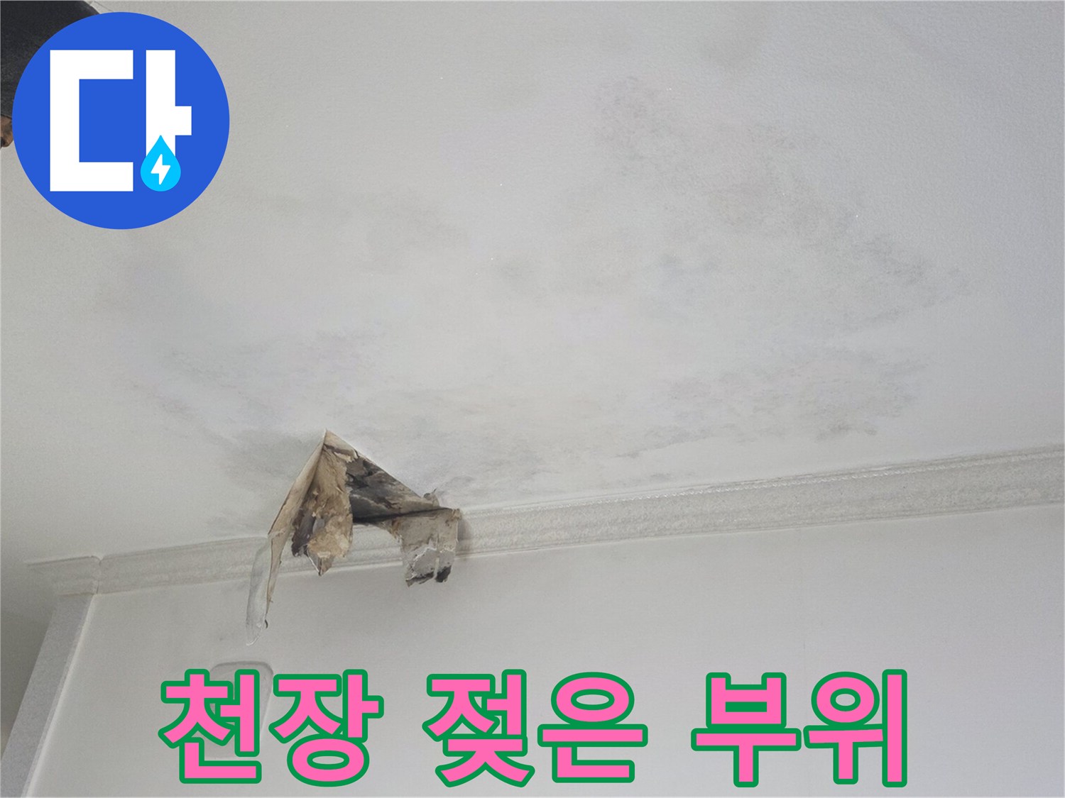 습기로 인해 어둡게 변한 천장 마감재 부위