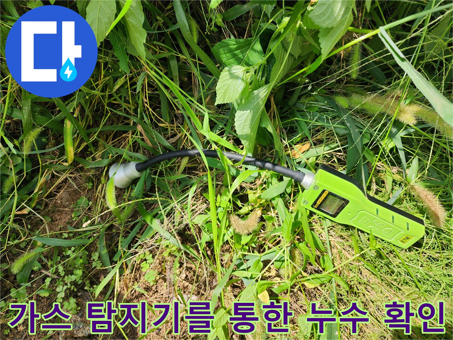 초록색 가스 탐지 장비가 풀숲에 놓인 모습