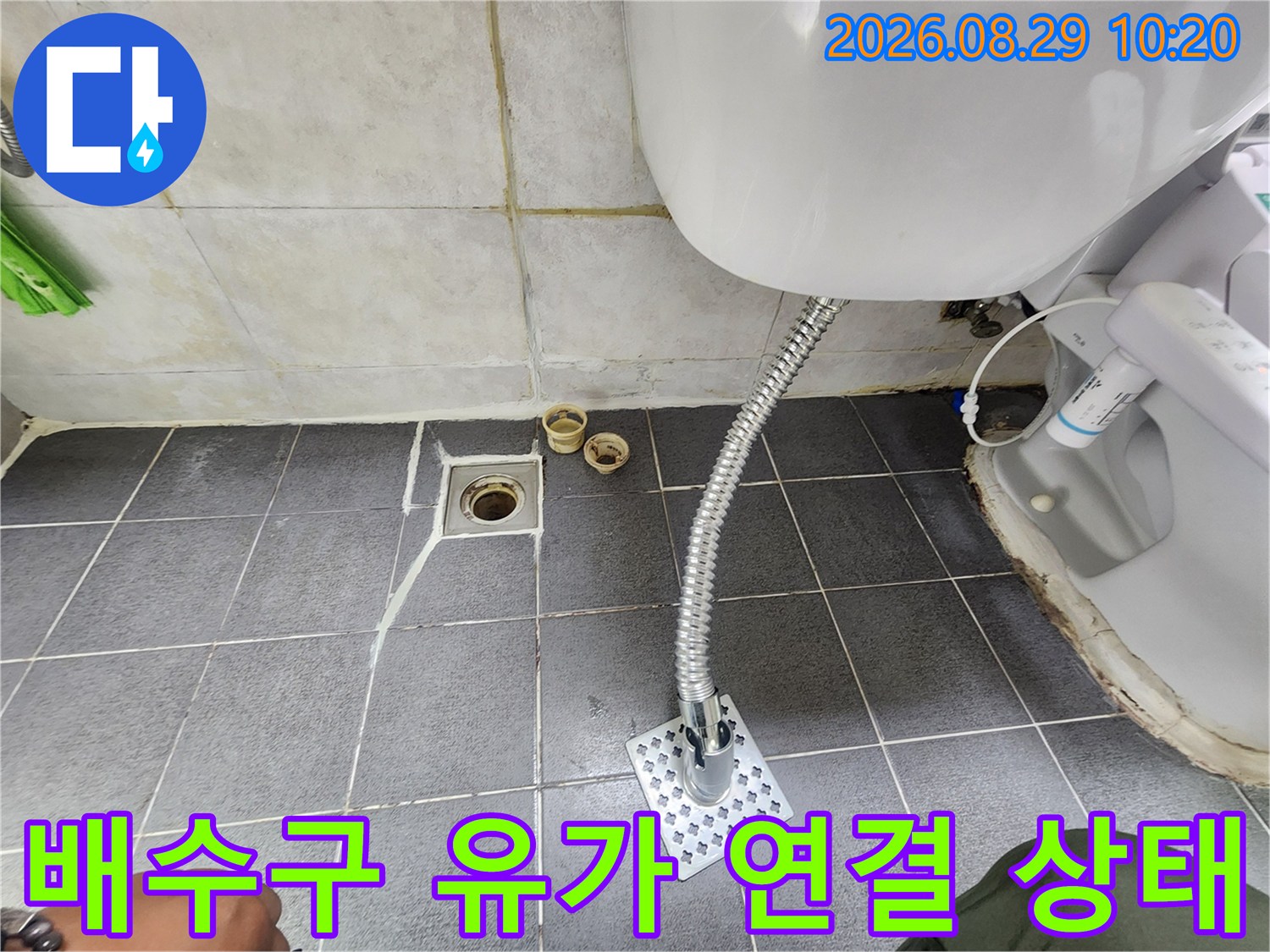 세면대 자바라 호스를 바닥 배수구에 직접 연결하여 누수를 테스트함