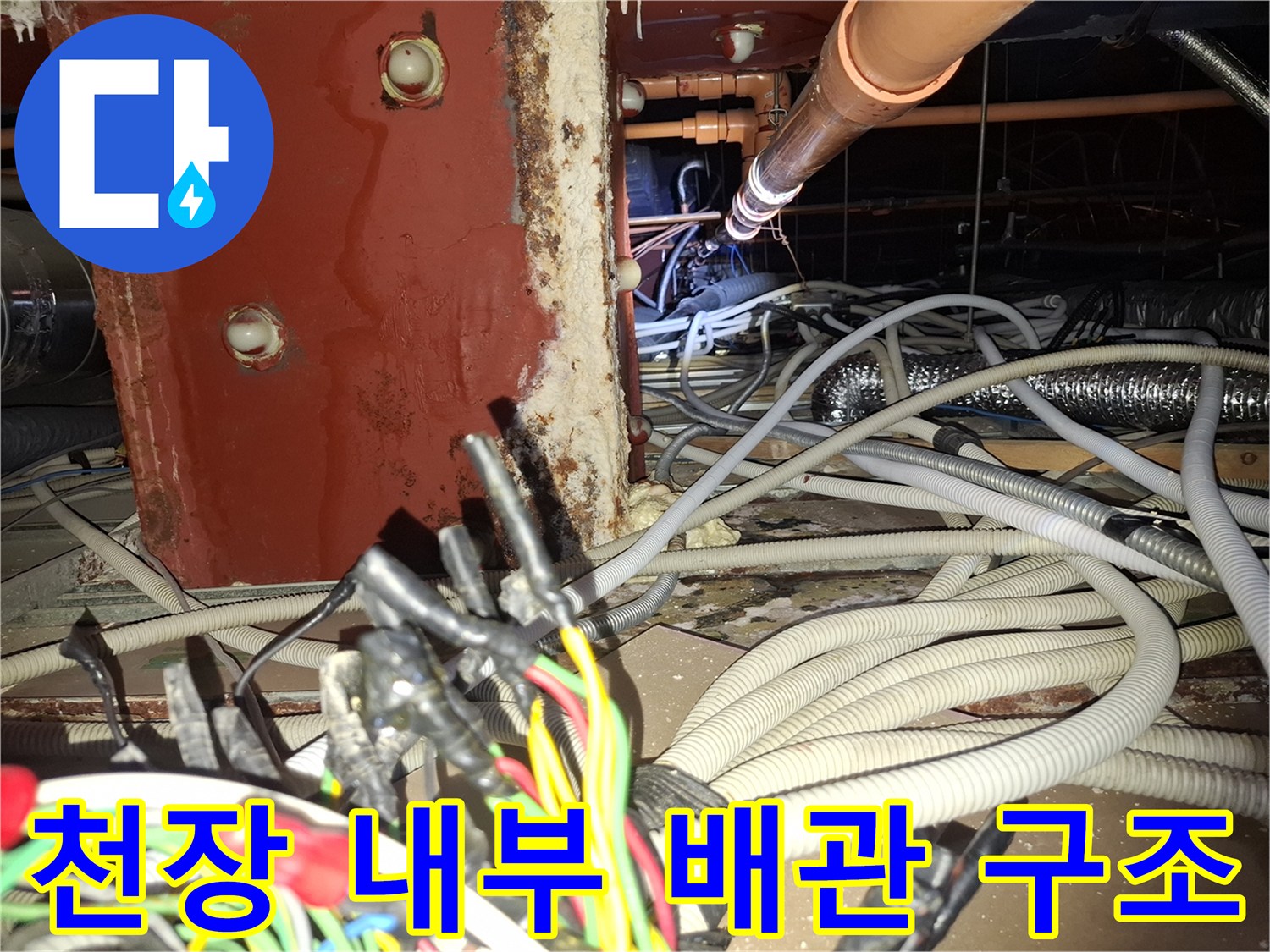 복잡한 천장 배관과 습기가 발견된 기둥 벽면