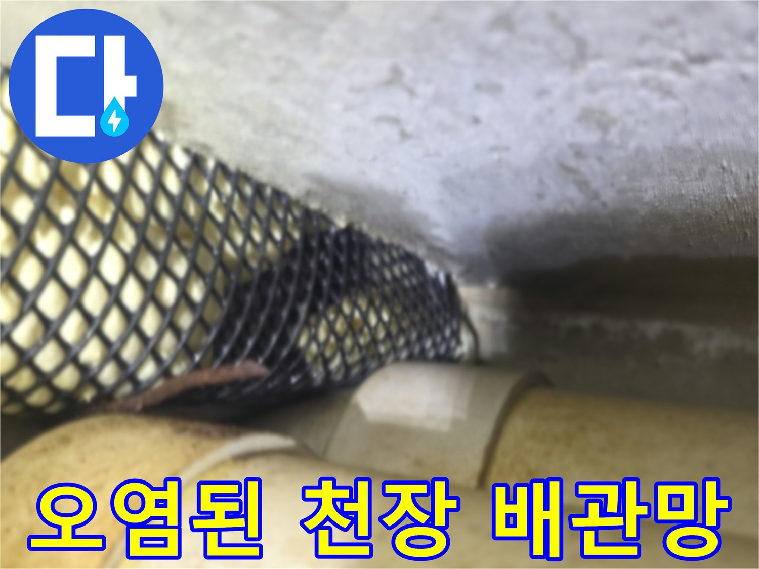 배관 보호망 주변의 젖은 흔적과 오염된 부위입니다.
