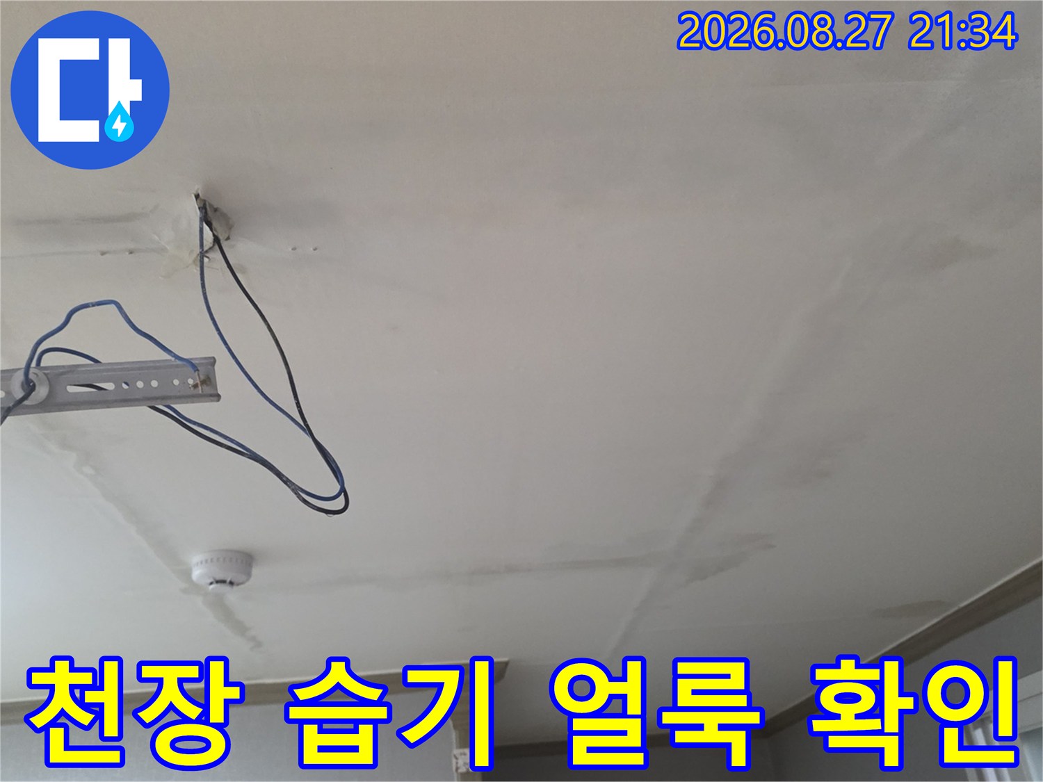 생연도 빌라 천장-물에 젖어 변색된 천장 마감재 모습
