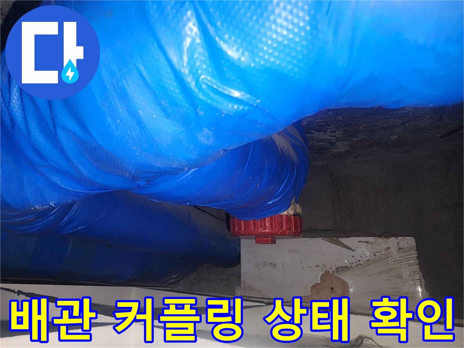 파란색 호스와 빨간색 부속이-연결된 누수 의심 구간입니다.