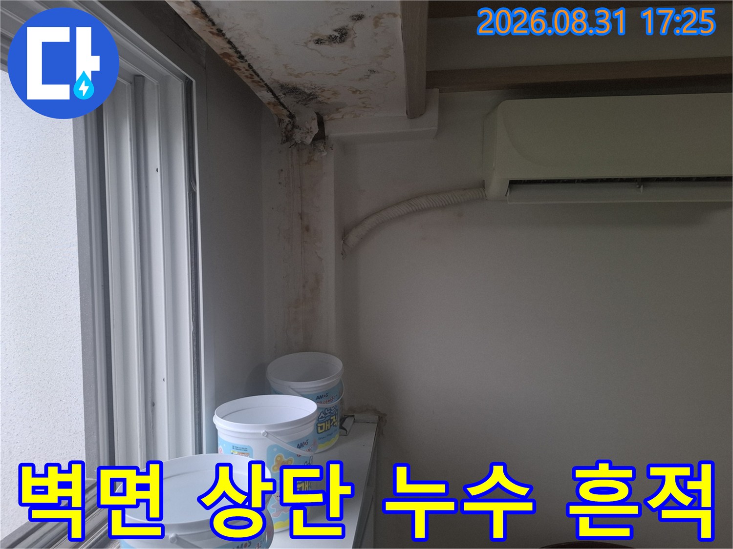 천장과 벽의 경계선-물기가 스며들어 발생한 곰팡이와 얼룩