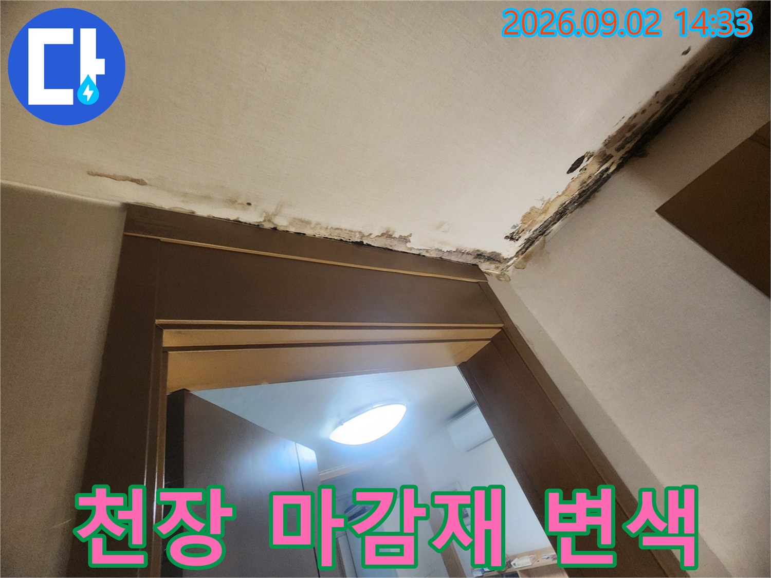 습기로 인해 부식되고 곰팡이가 피어있는 천장 모서리 부위