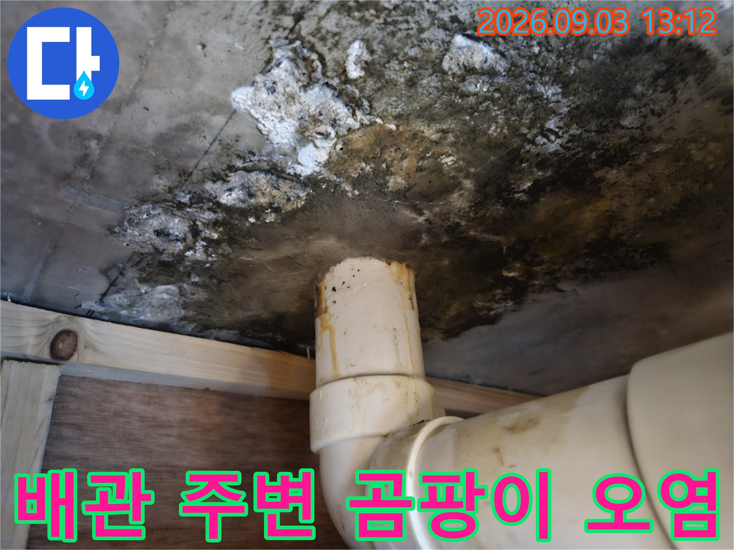 배관 연결 부위 주위의-심한 곰팡이와 습기 흔적