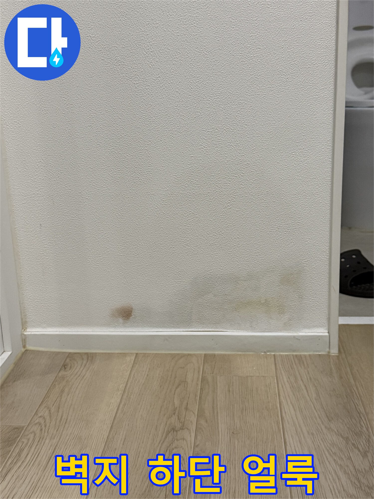 습기로 인해 변색된 벽면 하단부와 걸레받이 주변 상태