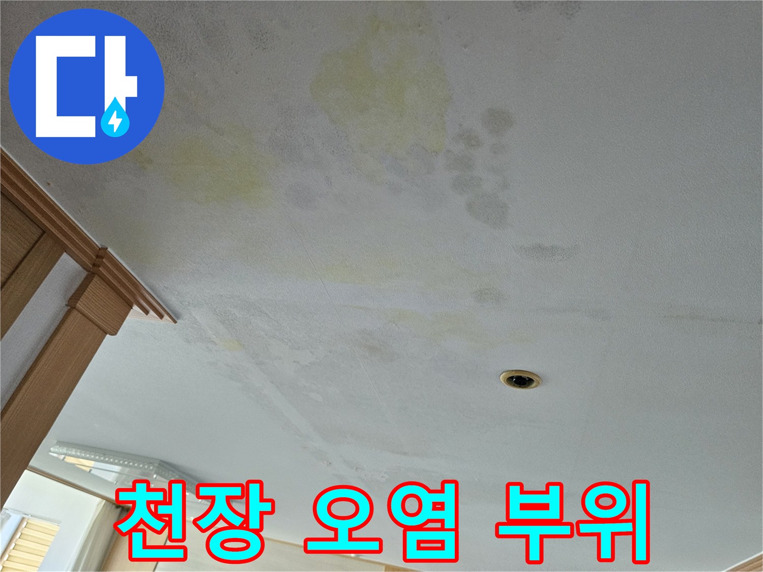물샘 현상으로 인해 노랗게 변색된 거실 천장 부분