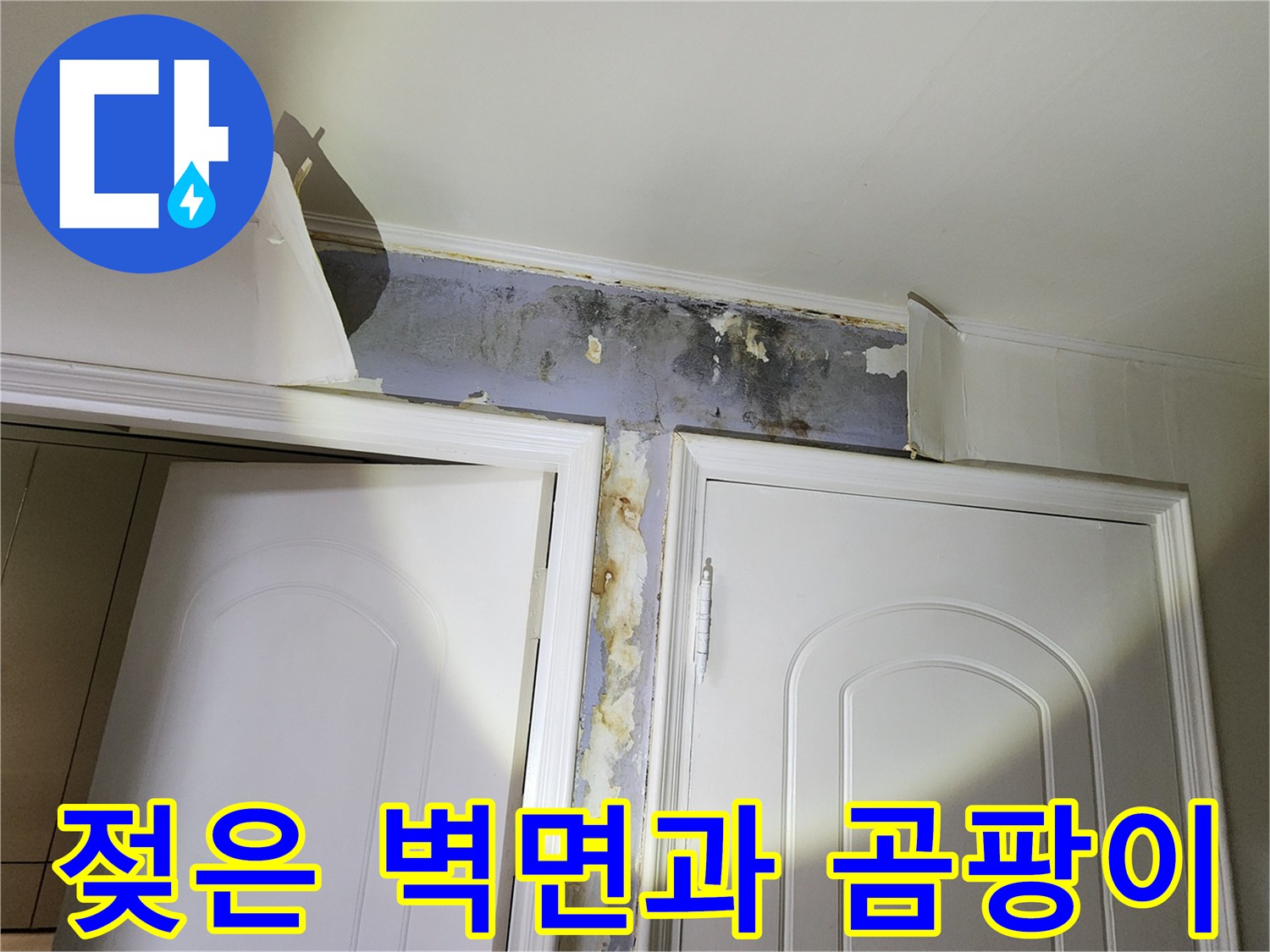 천장 접합부-습기로 인해 부풀어 오른 벽지와 곰팡이 상태