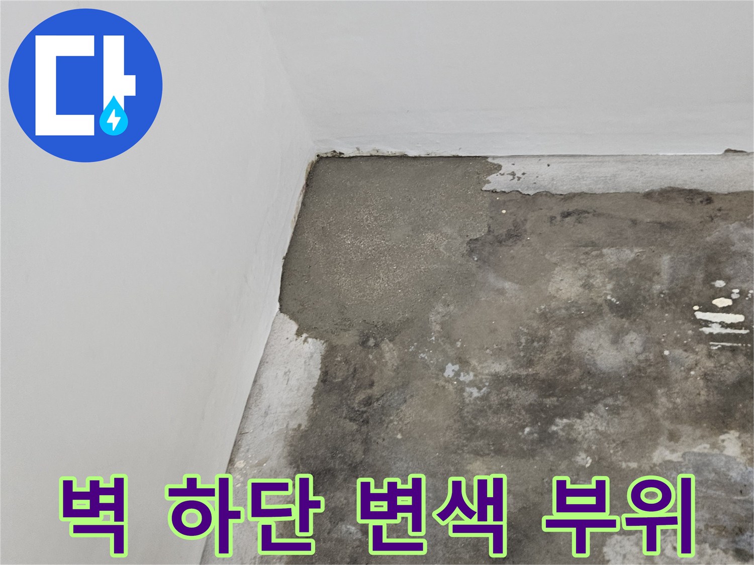 벽체 하부의 심한 변색과 습기 발생 상태