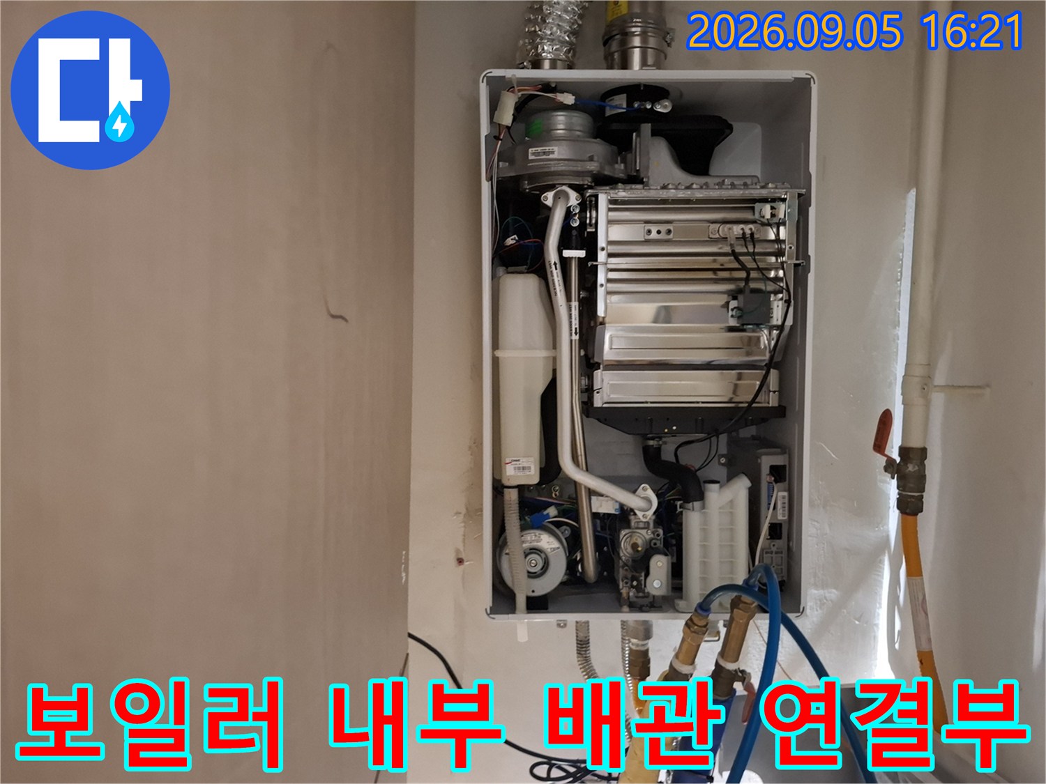 복잡하게 연결된 보일러 하부 급수 및 온수 배관
