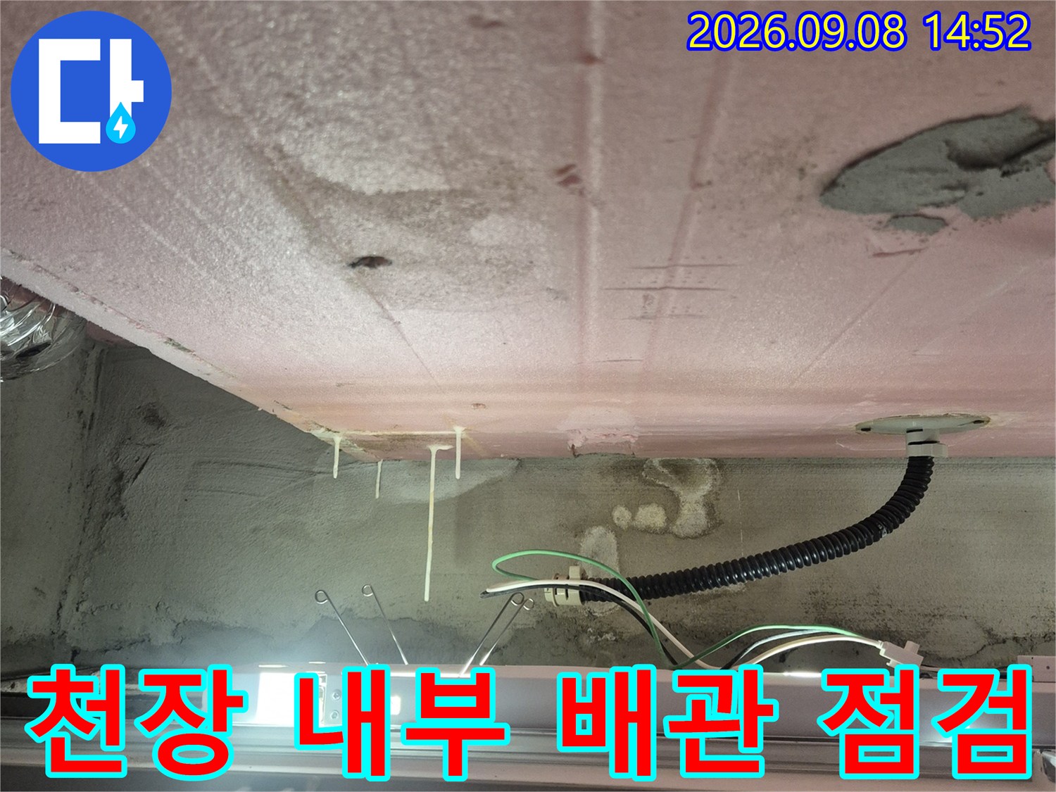 욕실 천장 안쪽의 배관과 전선 연결 부위를 면밀히 관찰하는 모습입니다.