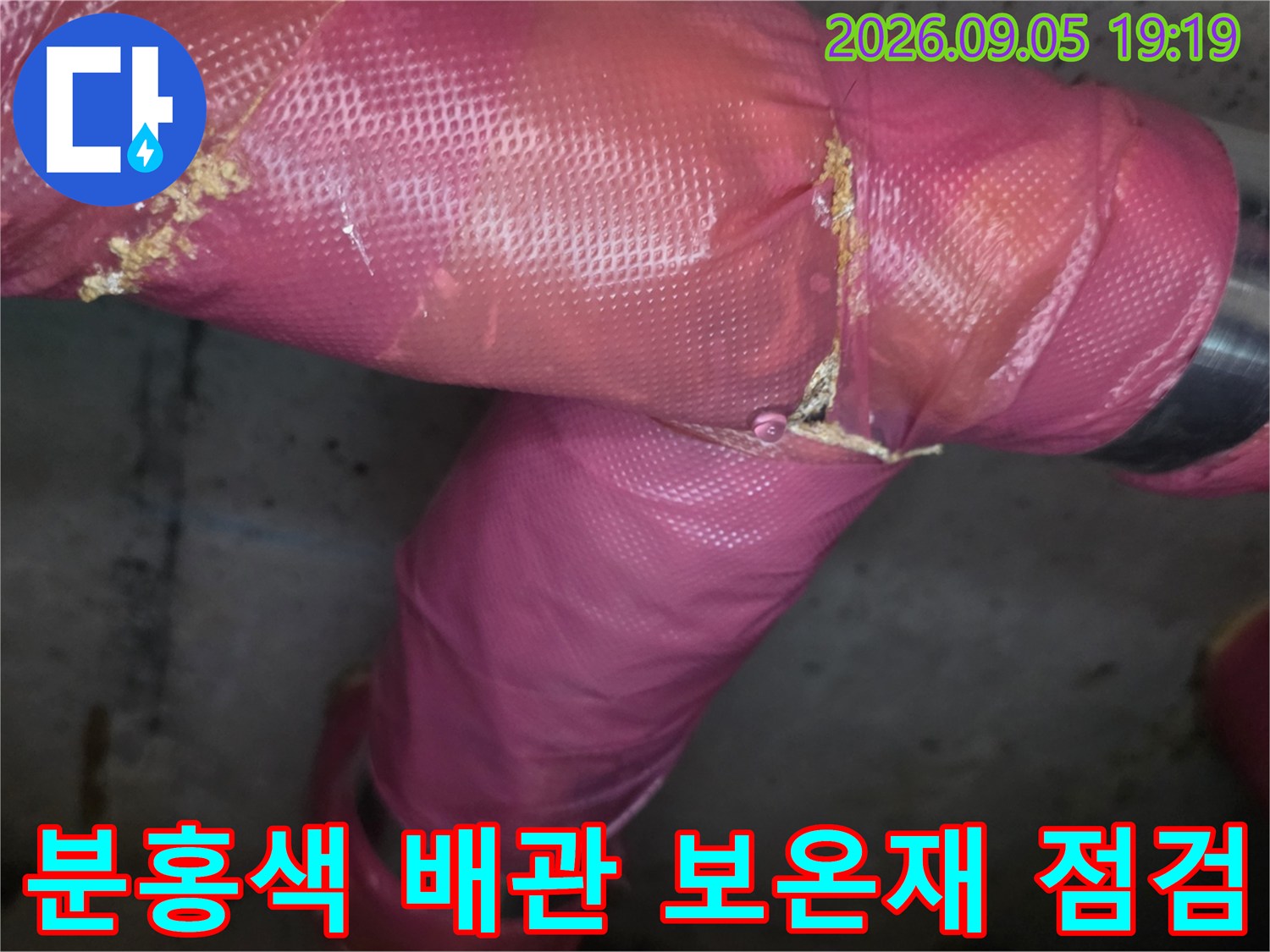 화장실 천장 내부-보온재가 손상된 분홍색 배관의 연결 부위 근접 촬영