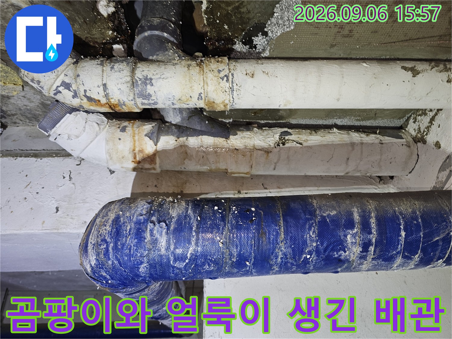습기로 인해 곰팡이가 발생하고 부식된 천장 배관